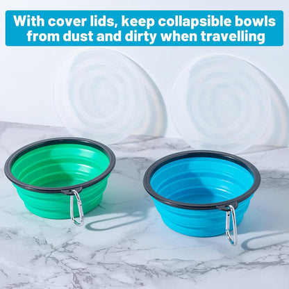 Dog Bowls Pet Collapsible Bowl with Cover Lids,2 Pack Dog Travel Bowls Portable Foldable Cat Water Dish Bowl for Pets Walking Parking Camping (Light Blue and Green, Medium)