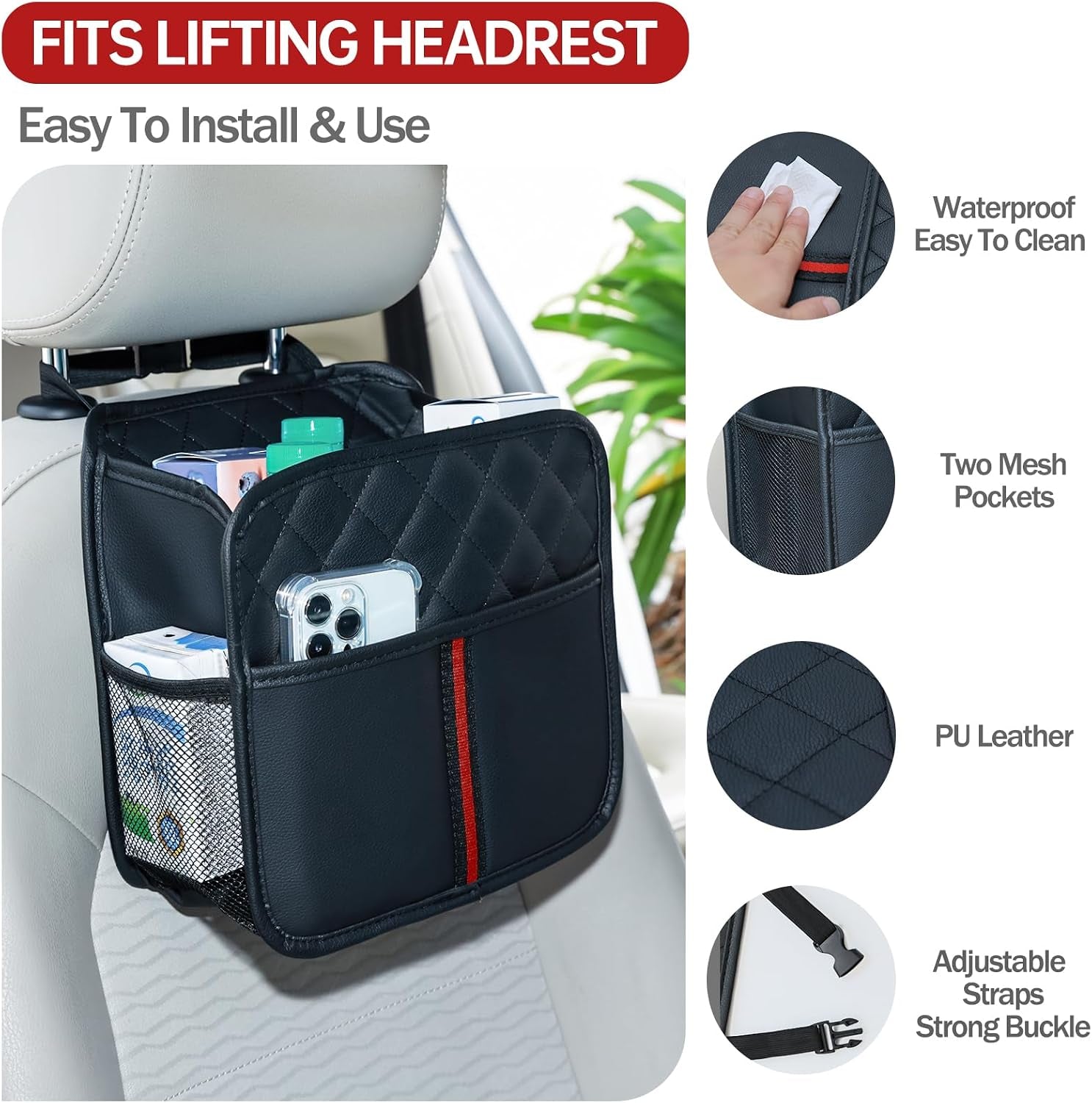 Car Seat Back Organizer with Storage Pockets, 2 Pack Multi Hanging Car Seat Organizer Backseat Car Organizer, Leather Backseat Car Organizer for Kids & Adults with Cup Holders Car Travel Accessories