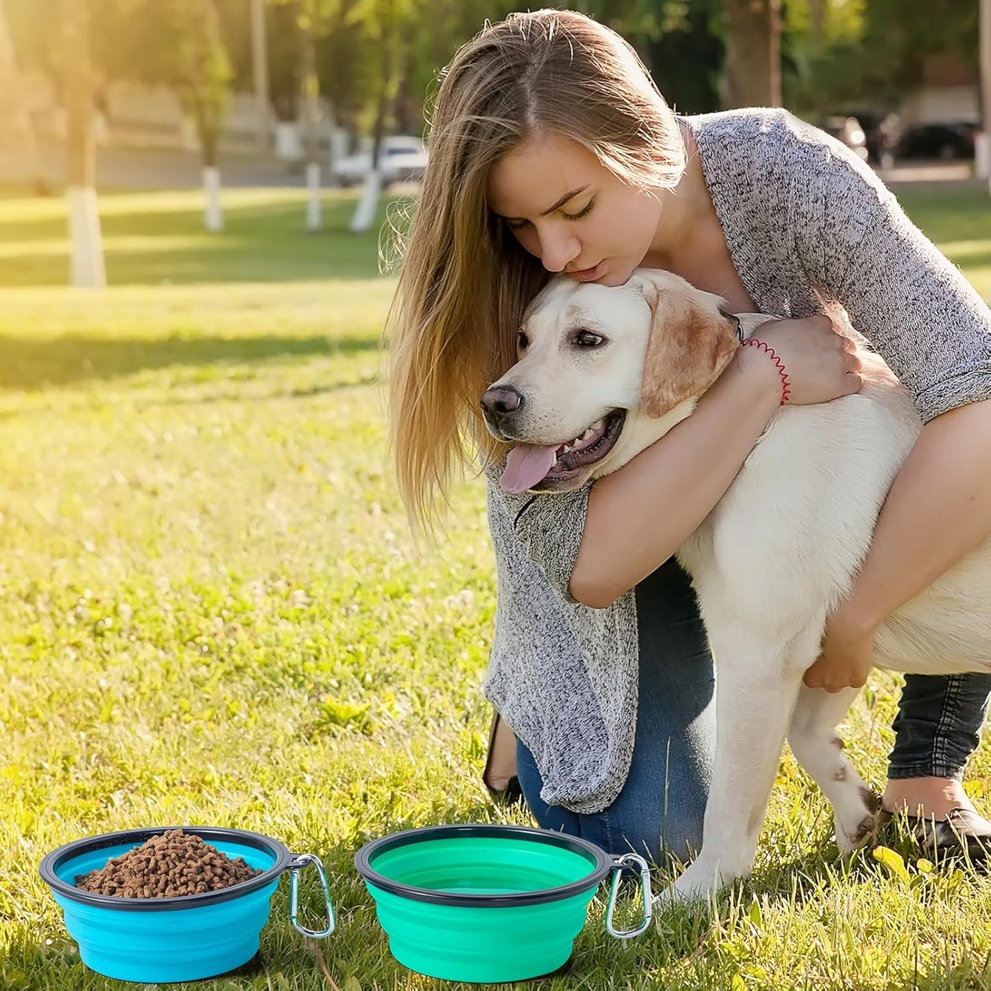 Dog Bowls Pet Collapsible Bowl with Cover Lids,2 Pack Dog Travel Bowls Portable Foldable Cat Water Dish Bowl for Pets Walking Parking Camping (Light Blue and Green, Medium)